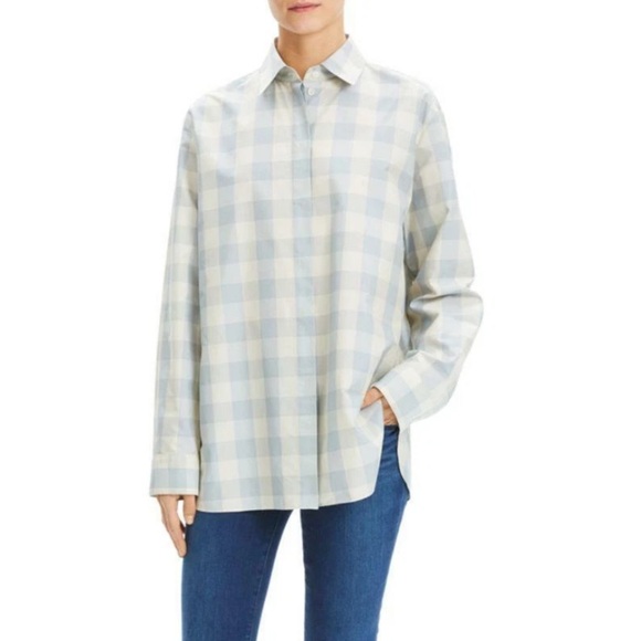 Theory Women's Classic Menswear Cotton Silk Shirt Blue Stream Button Down Top - Picture 1 of 11